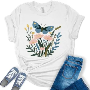 Women's Vintage Floral T Shirt Boho Wildflower Butterfly Cottagecore Graphic Tees Short Sleeve Casual Tops