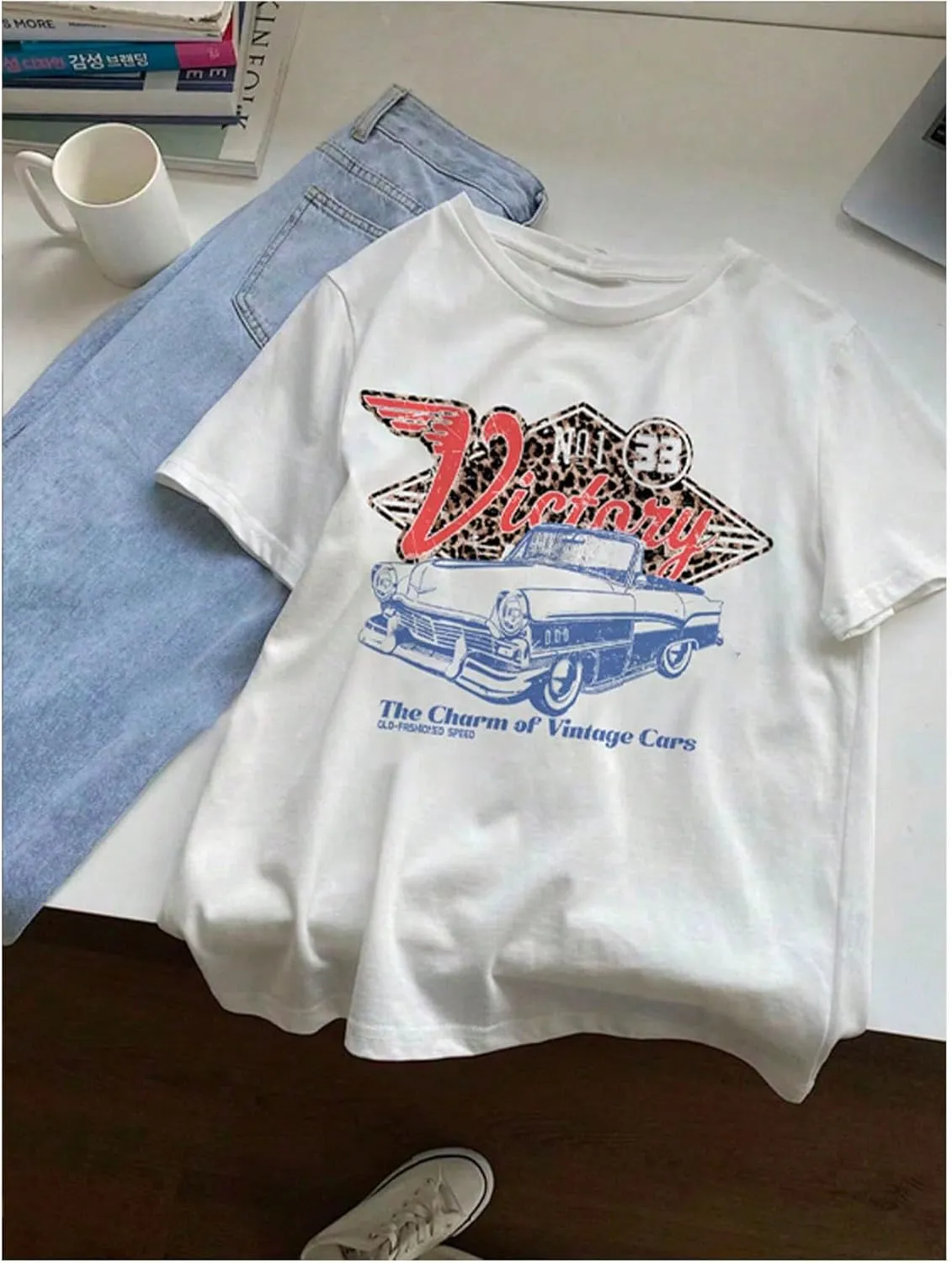 Women's Vintage Graphic Tees Tops Short Sleeve Round Neck Drop Shoulder Summer T Shirt