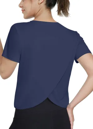 Women's Workout Shirts Short Sleeve Cropped Split Back Athletic Tops Active Running Gym Quick Dry Sun Shirts UPF 50 