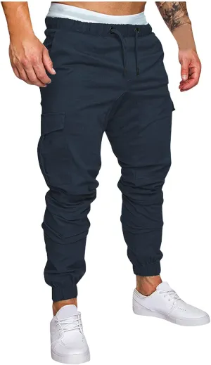 WUAI-Men Cargo Pants Elastic Waist Slim Fit Athletic Jogger Pants Drawstring Khaki Chinos Trousers Sweatpants