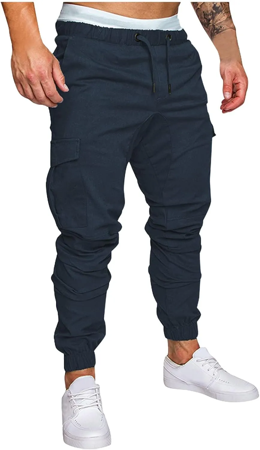 WUAI-Men Cargo Pants Elastic Waist Slim Fit Athletic Jogger Pants Drawstring Khaki Chinos Trousers Sweatpants