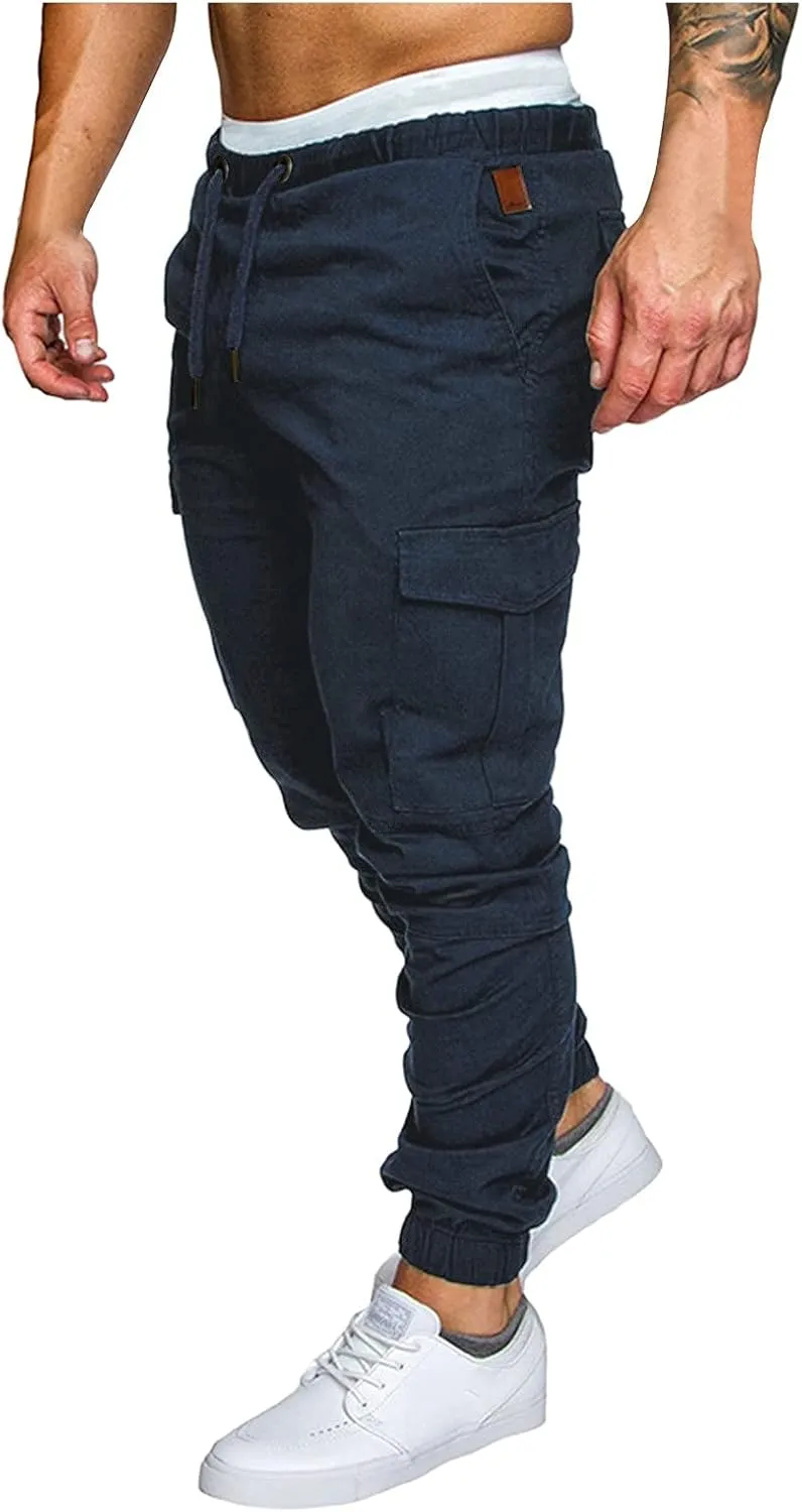 WUAI-Men Cargo Pants Elastic Waist Slim Fit Athletic Jogger Pants Drawstring Khaki Chinos Trousers Sweatpants