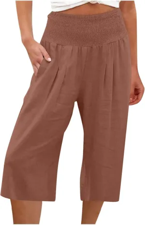 Xiaojmake Womens Linen Capri Pants Casual Cropped Pants Elastic Waist Summer Trousers 3/4 Length Sports Pants with Pockets