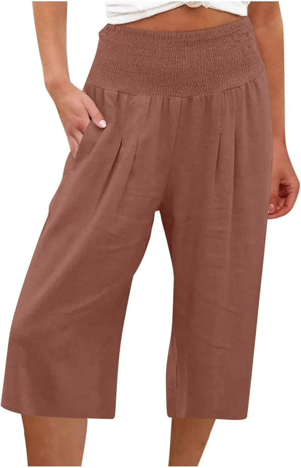 Xiaojmake Womens Linen Capri Pants Casual Cropped Pants Elastic Waist Summer Trousers 3/4 Length Sports Pants with Pockets