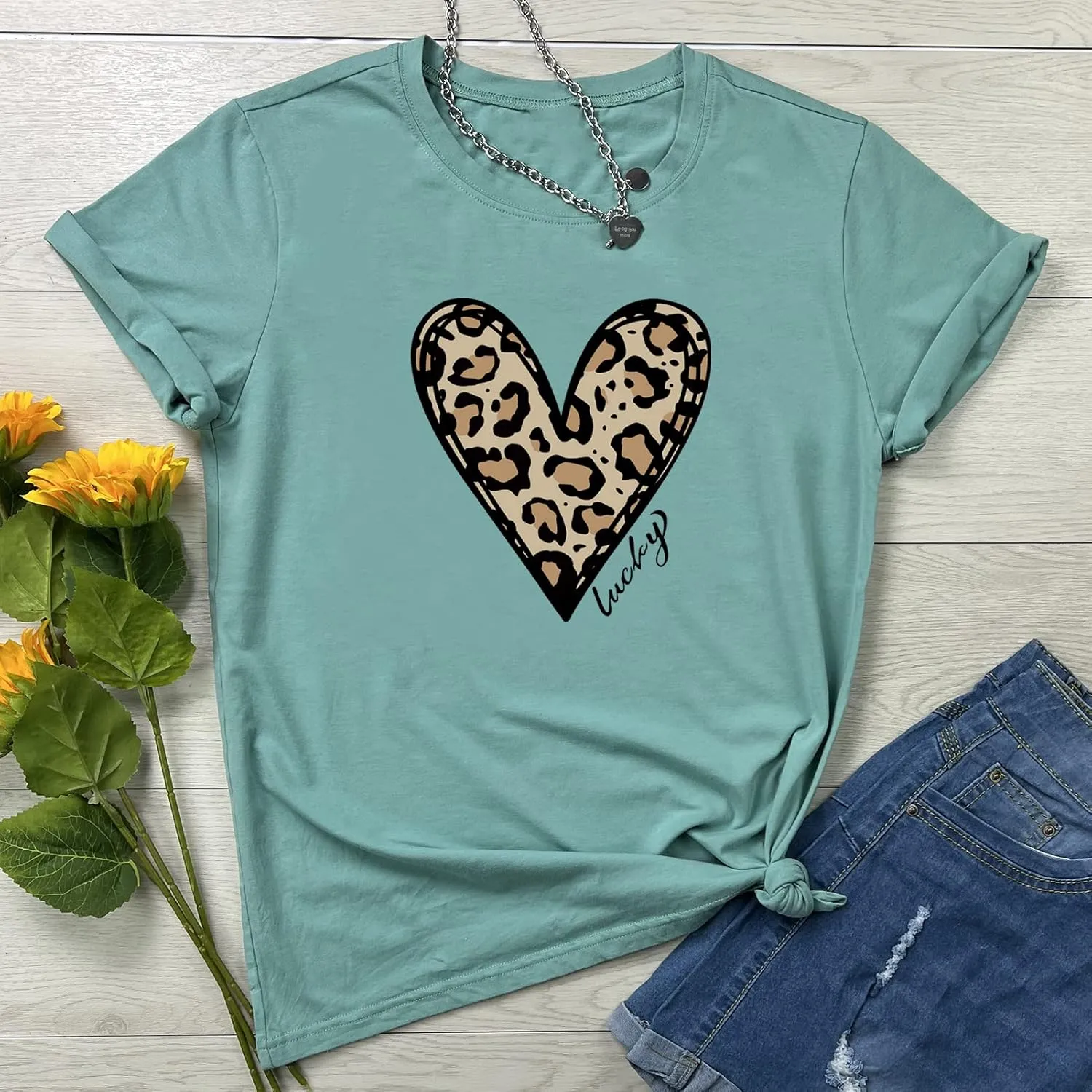 YITAN Women Graphic Tshirts Cute Leopard Heart Tops