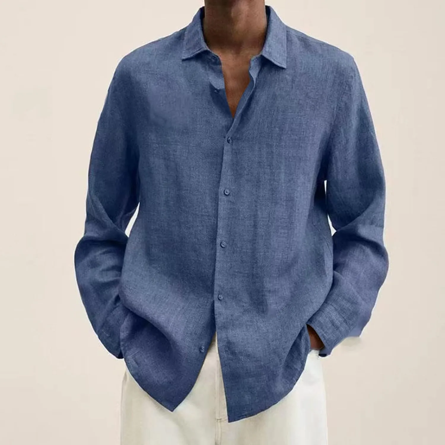Ymosrh Long Sleeve T-Shirts for Men Spring Summer Men's Casual Cotton Linen Solid Color Shirts Loose Dress Tan