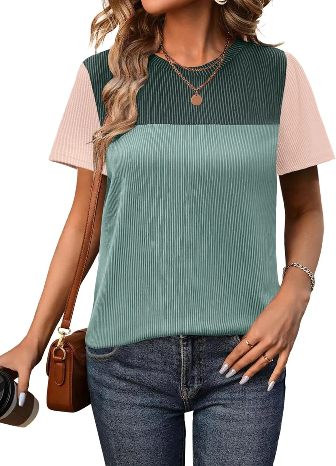 Zeagoo Womens Casual Summer Tops Short Sleeve T Shirts Crewneck Basic Tees Blouses Color Block Tunic Tops