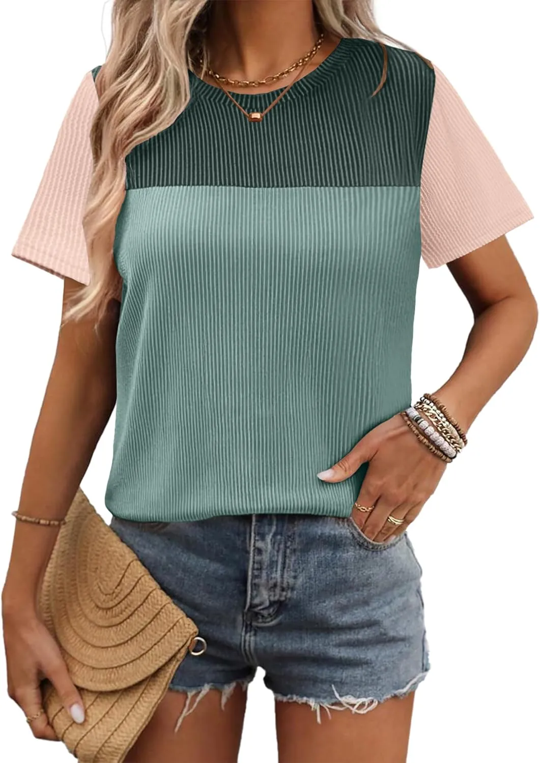 Zeagoo Womens Casual Summer Tops Short Sleeve T Shirts Crewneck Basic Tees Blouses Color Block Tunic Tops