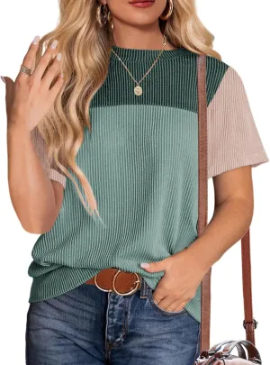Zeagoo Womens Casual Summer Tops Short Sleeve T Shirts Crewneck Basic Tees Blouses Color Block Tunic Tops