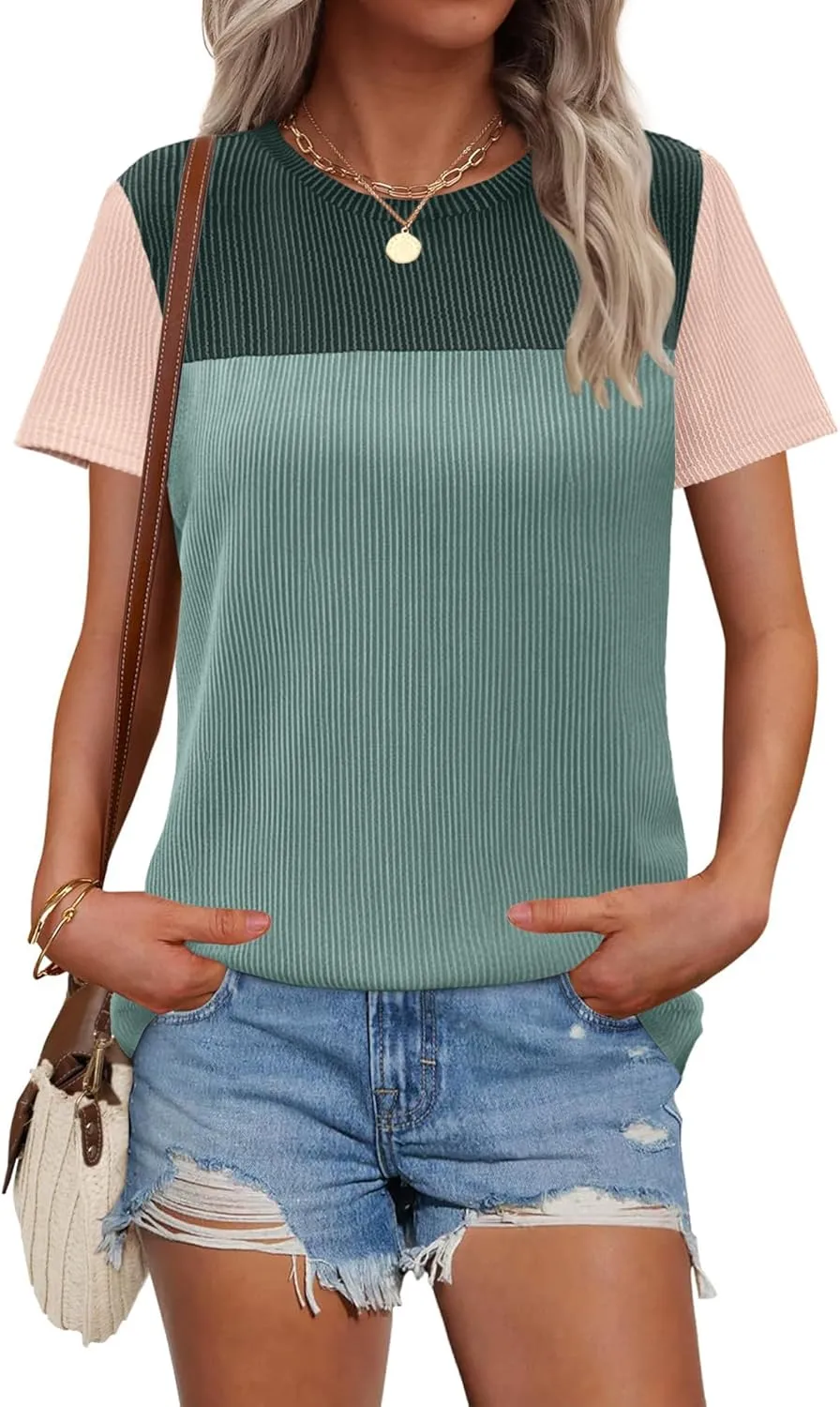 Zeagoo Womens Casual Summer Tops Short Sleeve T Shirts Crewneck Basic Tees Blouses Color Block Tunic Tops