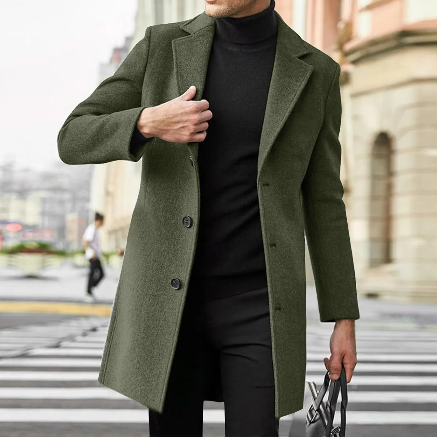 ZYXTIM Men's Casual Trench Coat Wool Blend Pea Coat Notched Collar Single Breasted Warm Winter Long Jacket Oversize Overcoat